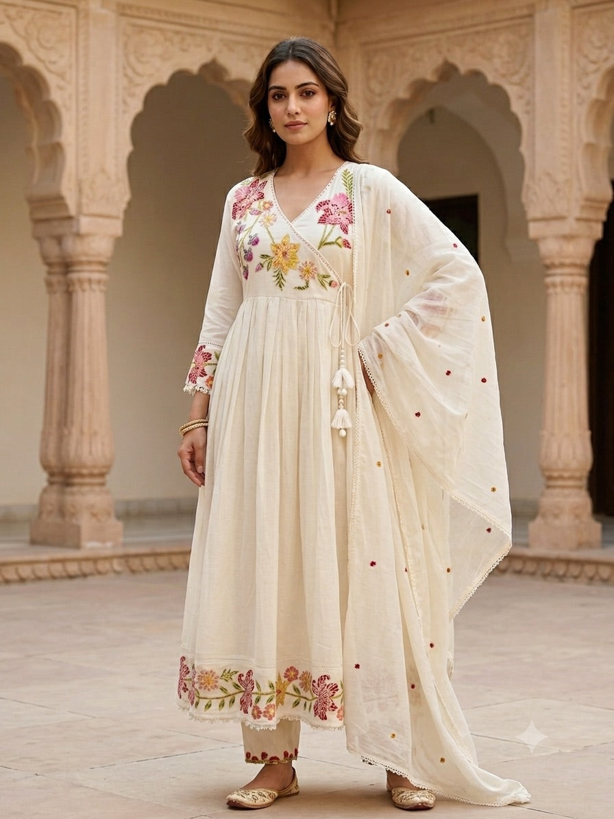 Ivory Floral Mul Cotton Angrakha Set