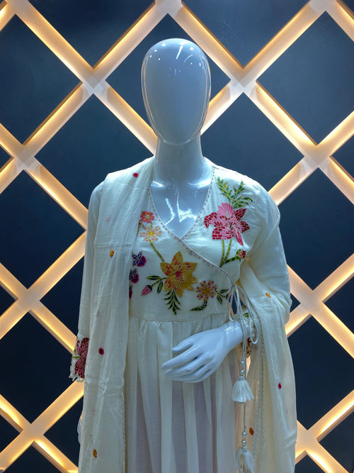 Ivory Floral Mul Cotton Angrakha Set