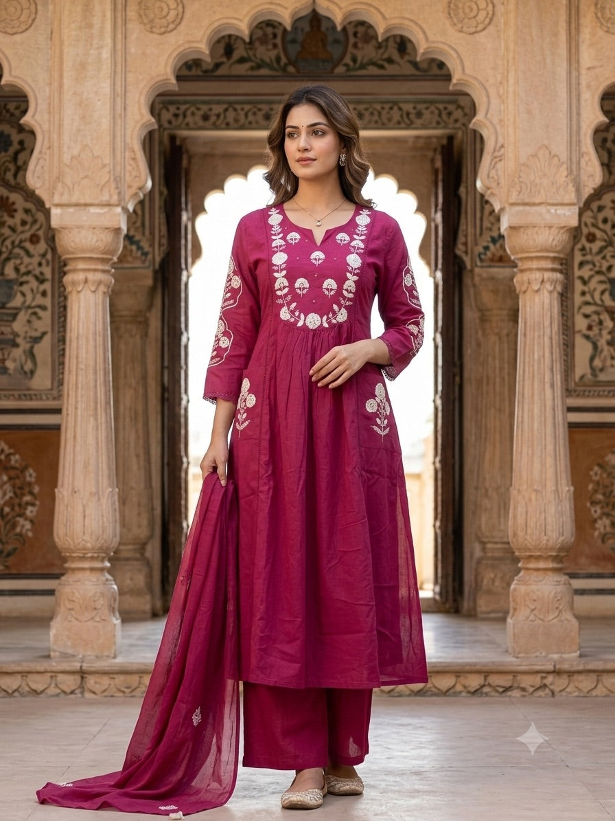 Gulabi Noor Embroidered Slub Cotton Suit Set