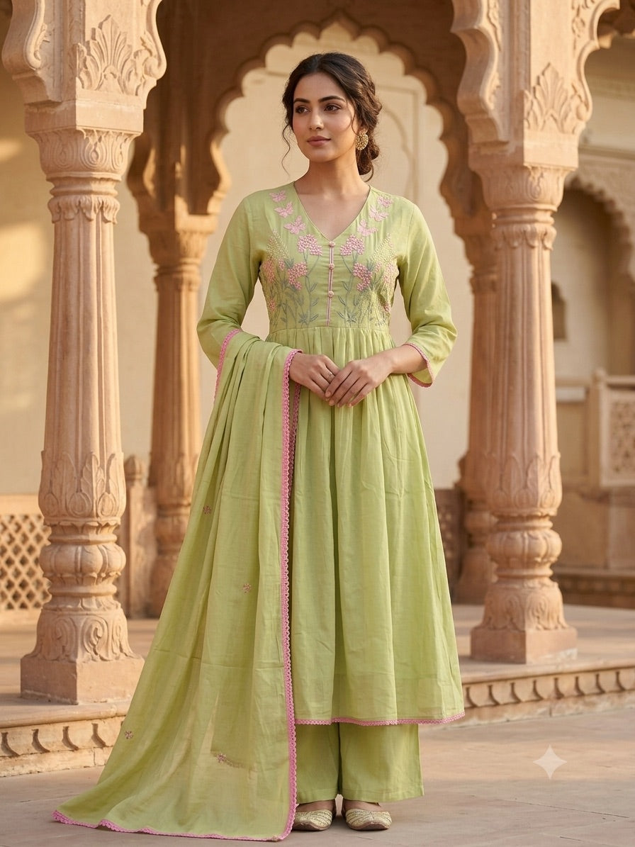 Pistachio Green Floral Embroidered Slub Cotton Kurta Set with Dupatta