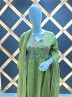 Pistachio Green Floral Embroidered Slub Cotton Kurta Set with Dupatta