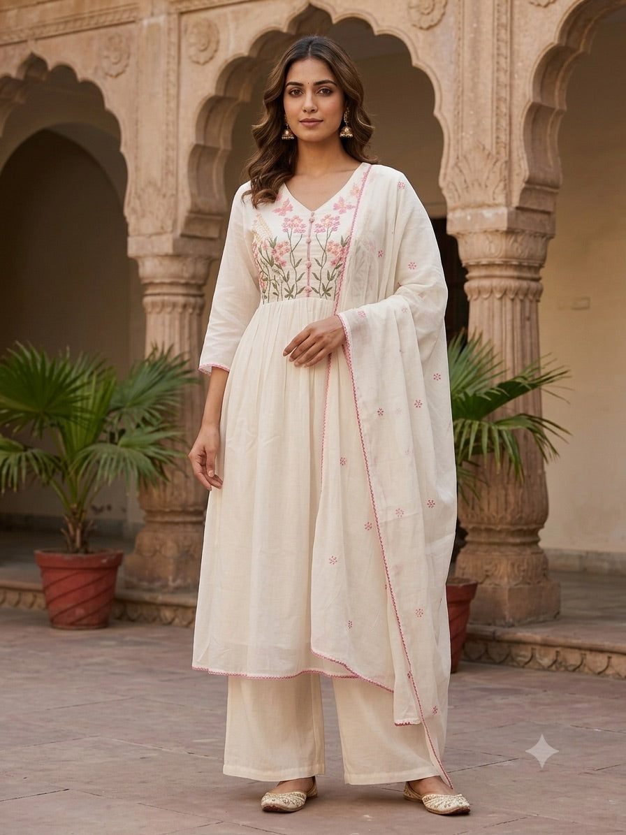 Ivory Botanical Embroidered Flared Cotton Suit Set