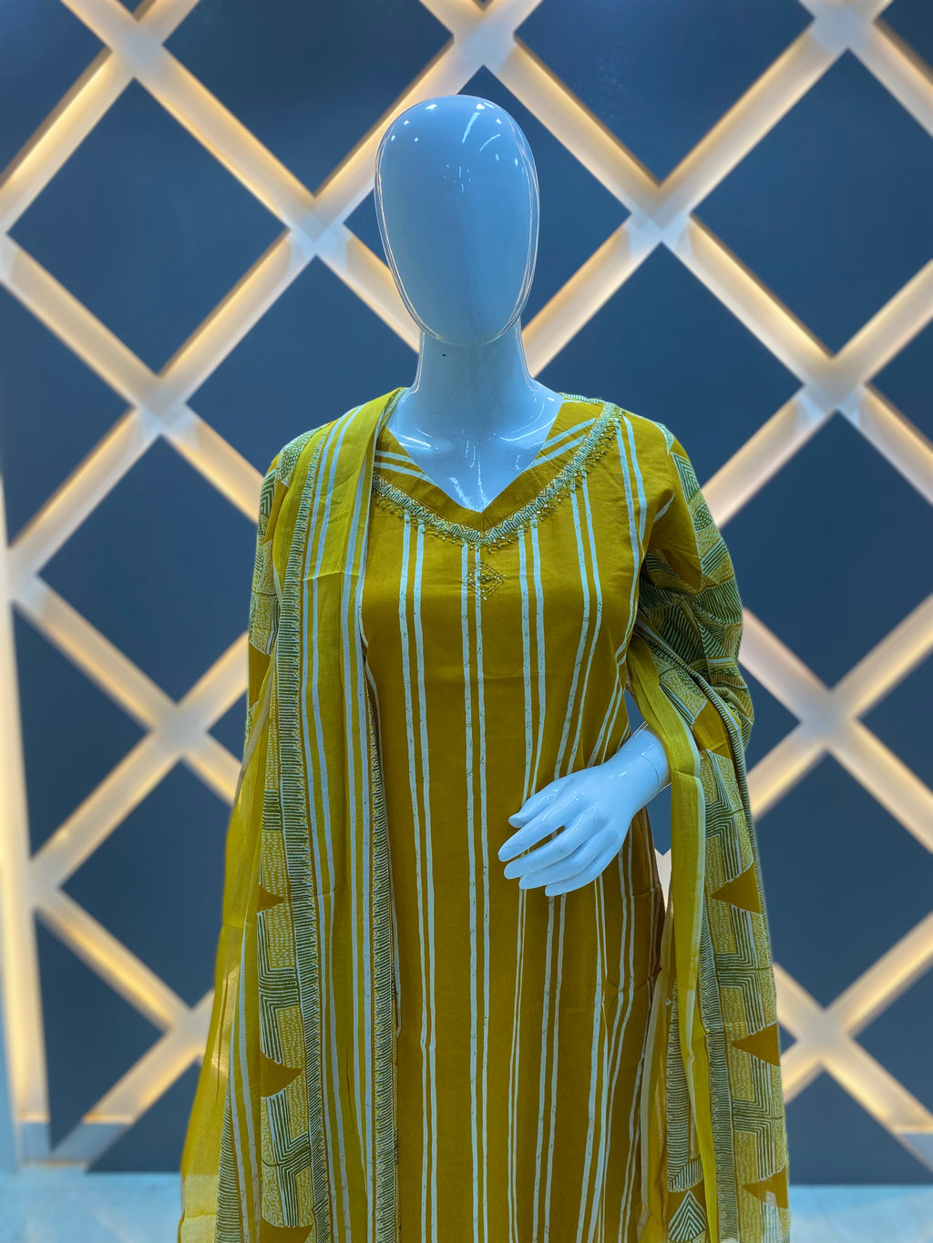 Mustard Yellow Striped Embroidered Cotton Kurta Set with Dupatta
