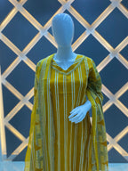 Mustard Yellow Striped Embroidered Cotton Kurta Set with Dupatta