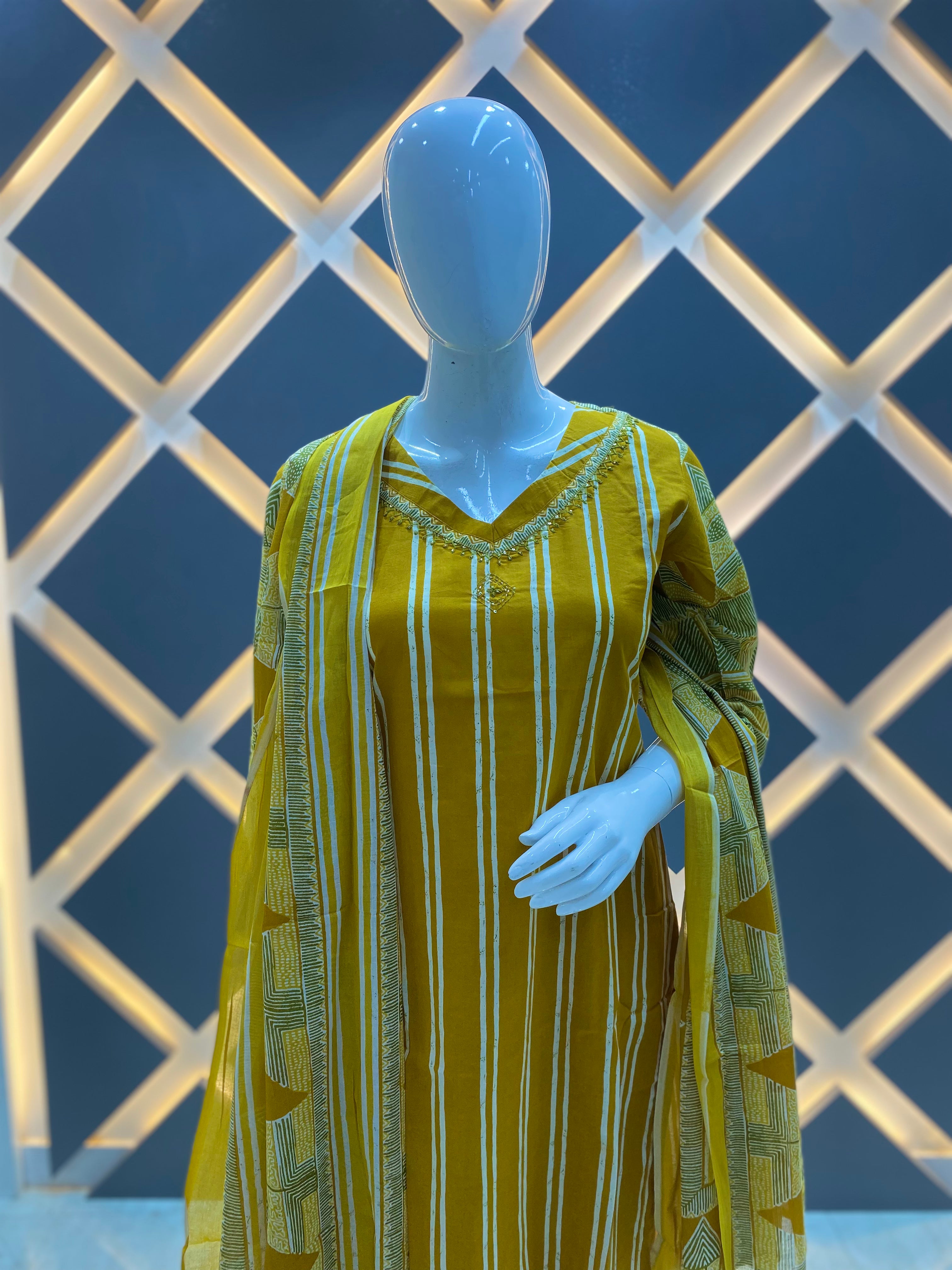 Mustard Yellow Striped Embroidered Cotton Kurta Set with Dupatta