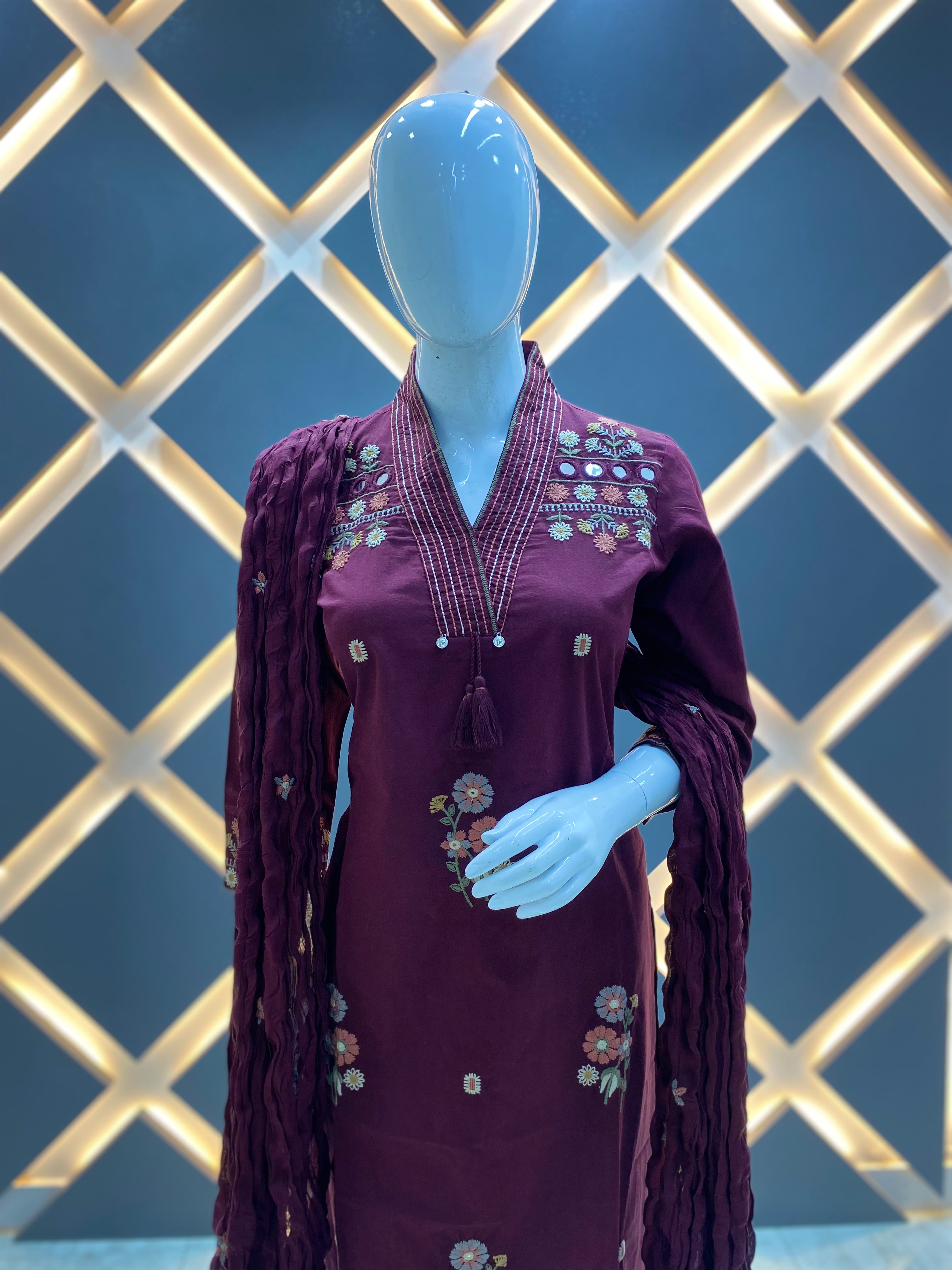 Wine Collar-Neck Floral Embroidered Kurta Set