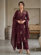 Wine Collar-Neck Floral Embroidered Kurta Set