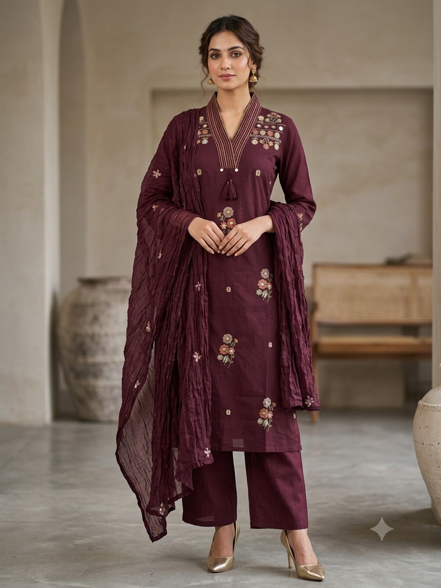 Wine Collar-Neck Floral Embroidered Kurta Set