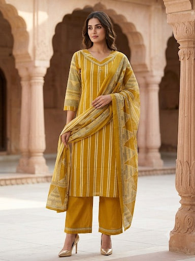Mustard Yellow Striped Embroidered Cotton Kurta Set with Dupatta