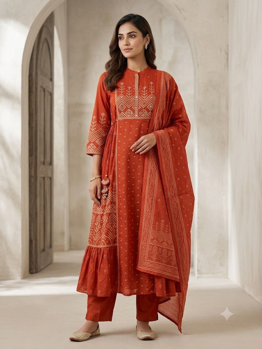 Rust Bandhani Printed Embroidered Tiered Kurta Set with Dupatta