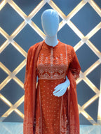 Rust Bandhani Printed Embroidered Tiered Kurta Set with Dupatta