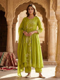 Lime Green Floral Embroidered Anarkali Kurta Set with Dupatta