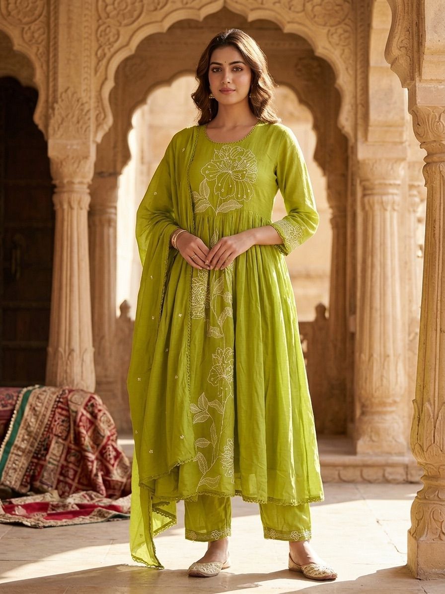 Lime Green Floral Embroidered Anarkali Kurta Set with Dupatta