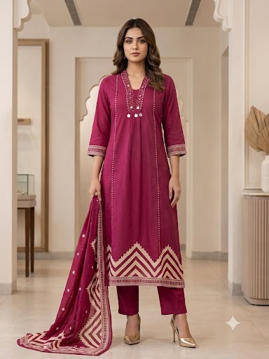 Magenta Pink Embroidered Kurta Set with Dupatta