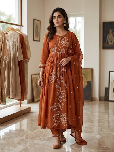 Rust Bloom Pleated Cotton Suit Set