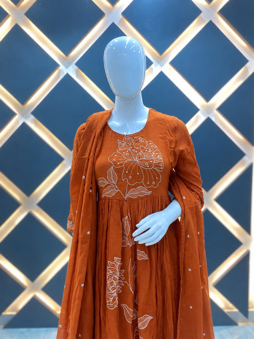 Rust Bloom Pleated Cotton Suit Set