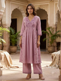 Lilac Floral Embroidered Slub Cotton Flared Kurta Set