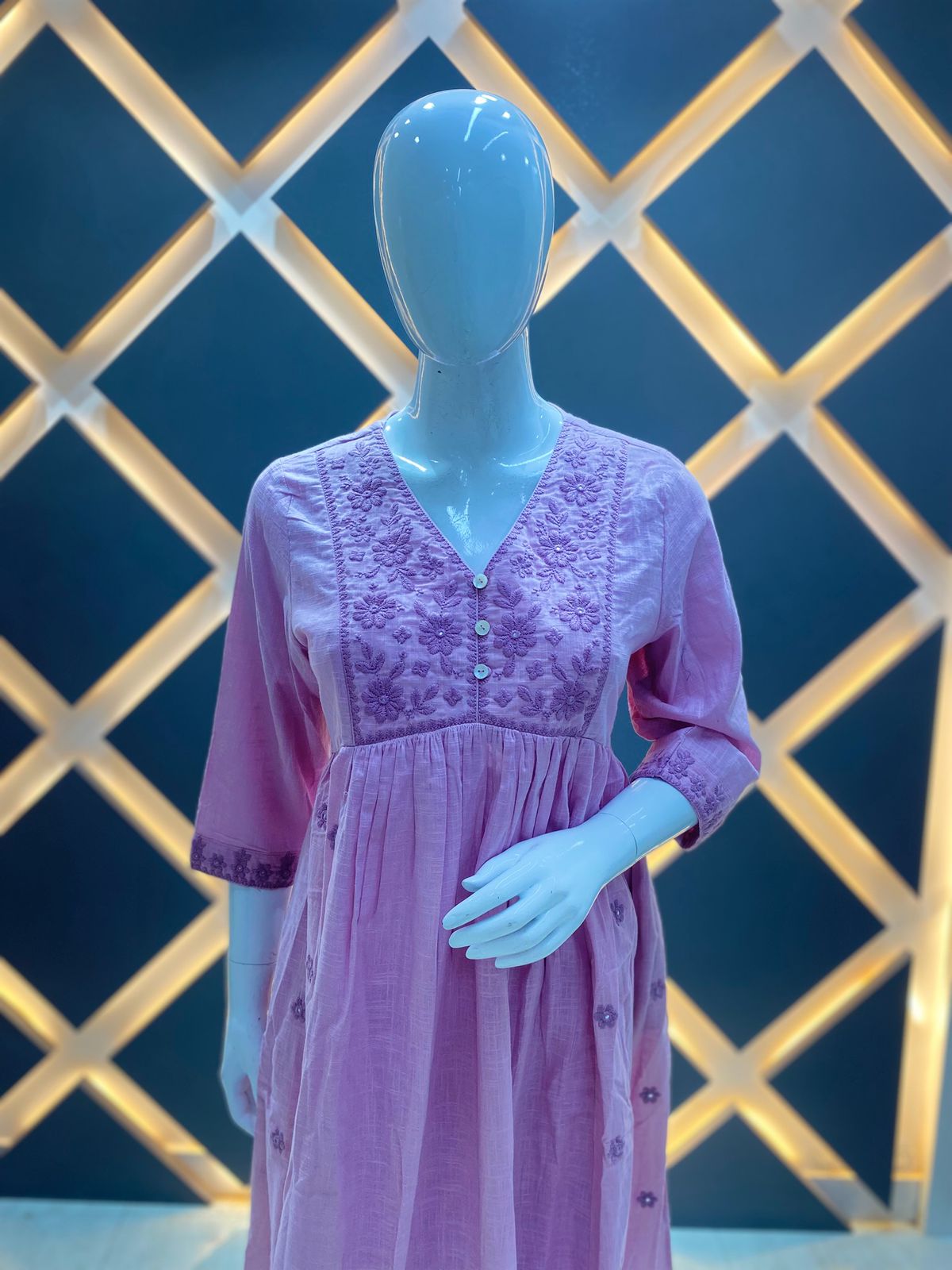 Lilac Floral Embroidered Slub Cotton Flared Kurta Set