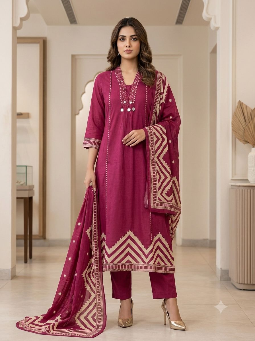 Magenta Pink Embroidered Kurta Set with Dupatta