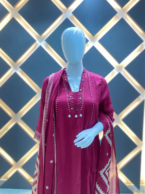 Magenta Pink Embroidered Kurta Set with Dupatta
