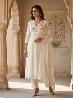Off-White Floral Embroidered A-Line Kurta Set with Dupatta