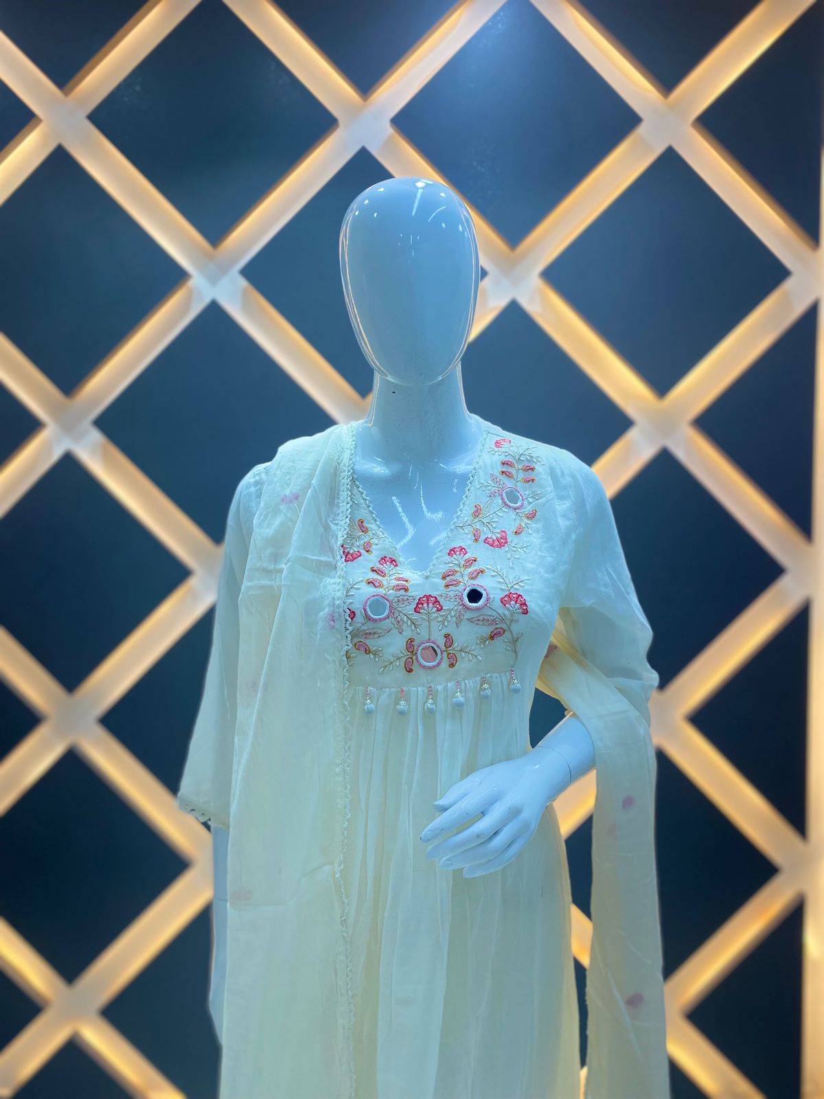 Off-White Floral Embroidered A-Line Kurta Set with Dupatta