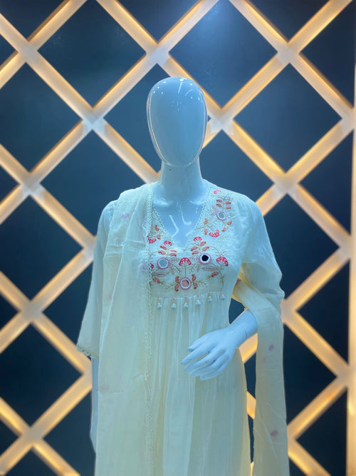 Off-White Floral Embroidered A-Line Kurta Set with Dupatta