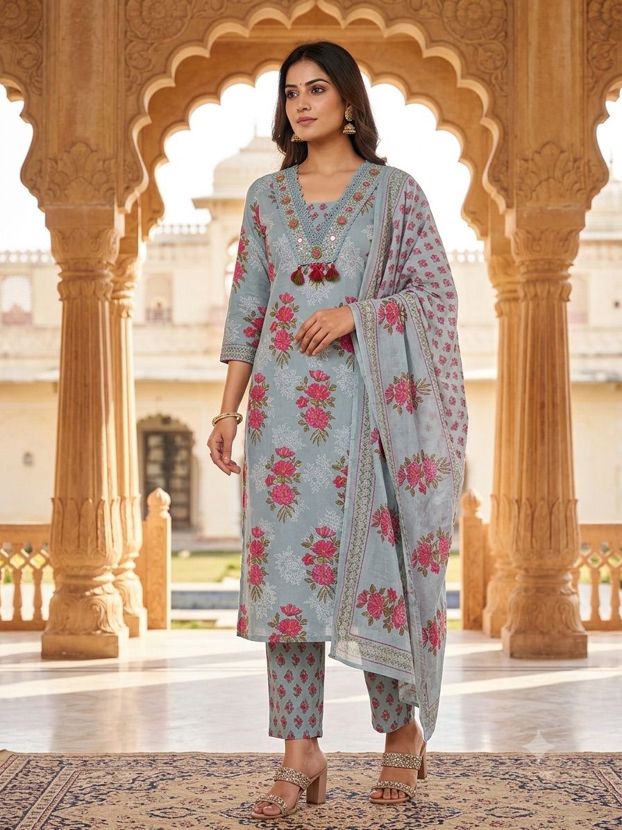 Pastel Blue Floral Printed Embroidered Cotton Kurta Set with Dupatta