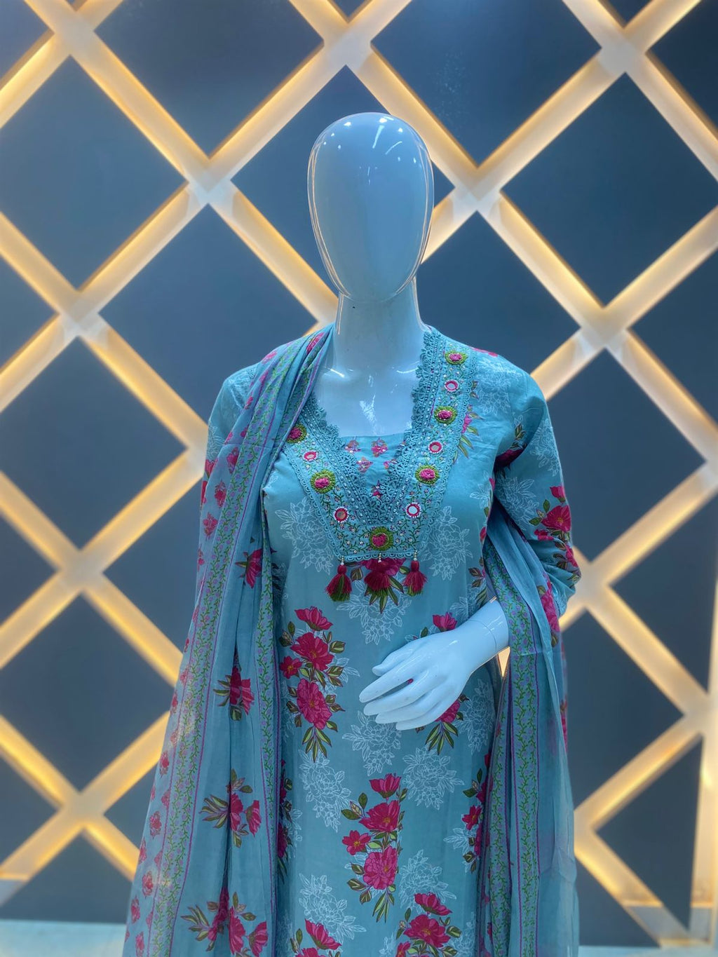 Pastel Blue Floral Printed Embroidered Cotton Kurta Set with Dupatta