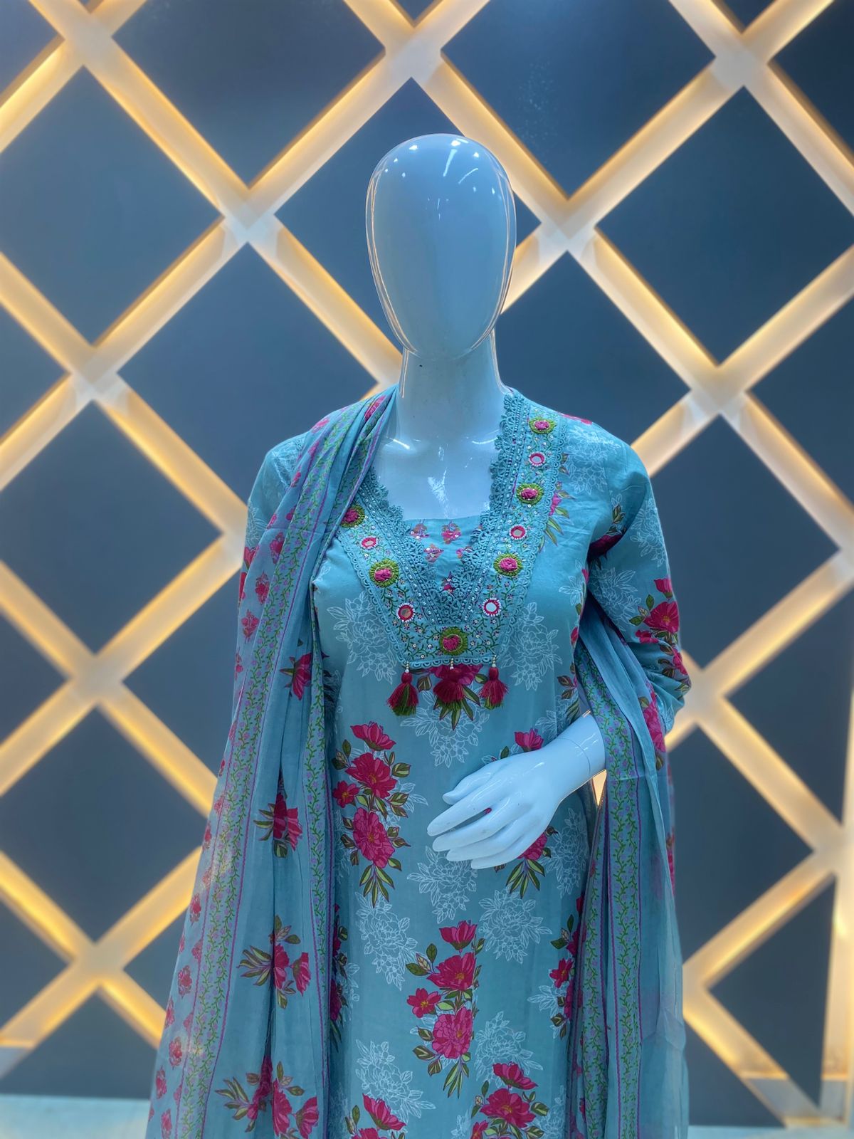 Pastel Blue Floral Printed Embroidered Cotton Kurta Set with Dupatta