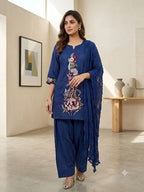 Royal Blue Floral Embroidered Cotton Slub Short Kurta Farshi Salwar Set with Dupatta