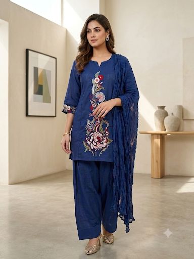 Royal Blue Floral Embroidered Cotton Slub Short Kurta Farshi Salwar Set with Dupatta