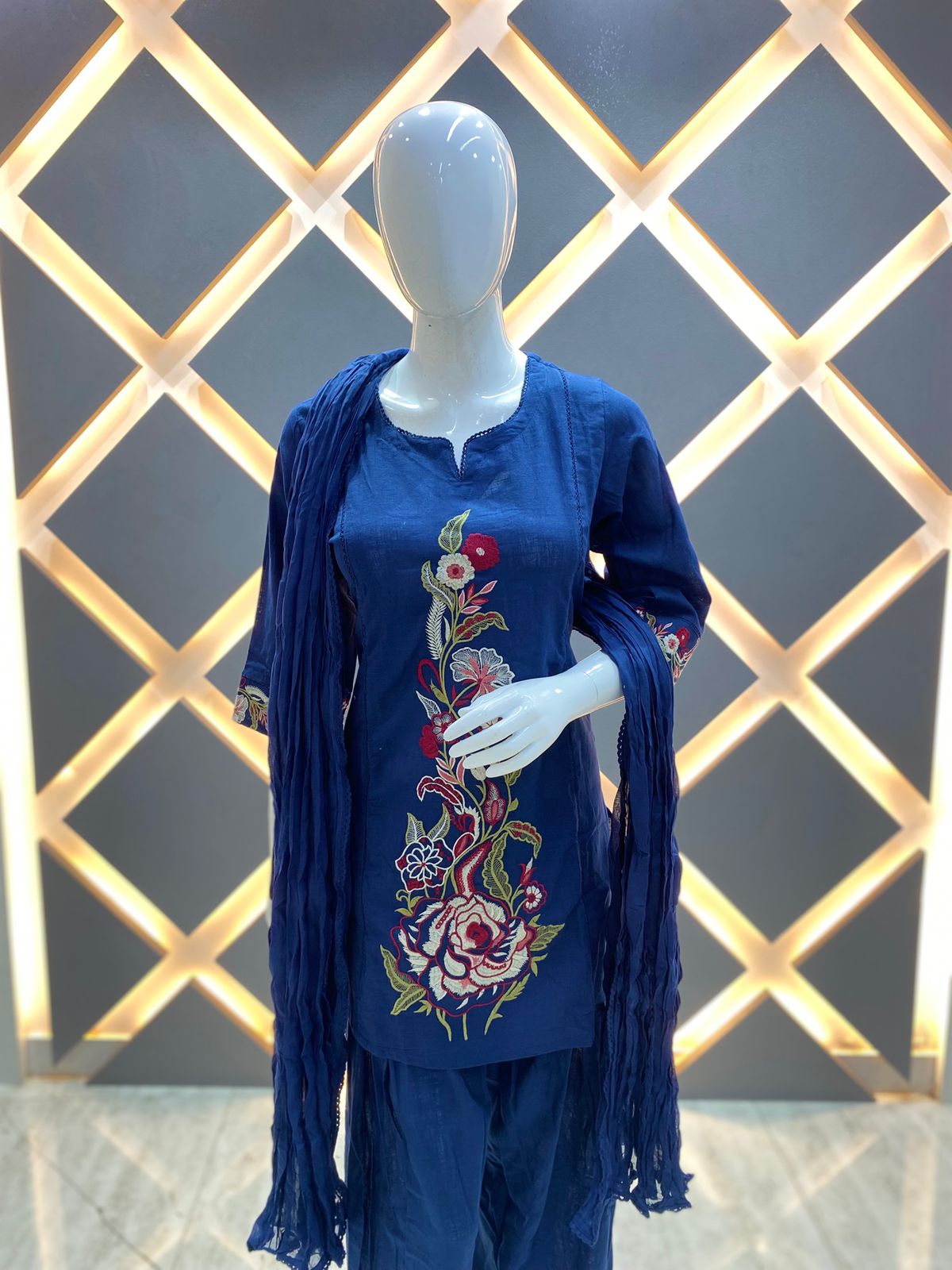 Royal Blue Floral Embroidered Cotton Slub Short Kurta Farshi Salwar Set with Dupatta