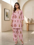 Blush Pink Floral Block-Printed Short Kurta Farshi Salwar Set