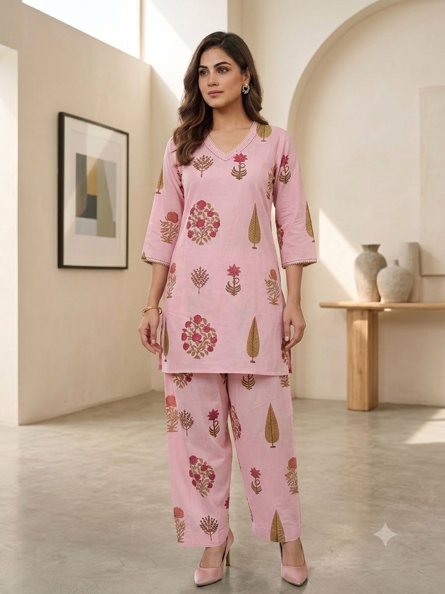 Blush Pink Floral Block-Printed Short Kurta Farshi Salwar Set