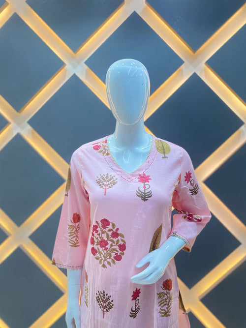 Blush Pink Floral Block-Printed Short Kurta Farshi Salwar Set