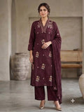 Wine Collar-Neck Floral Embroidered Kurta Set