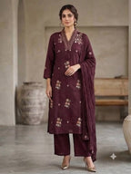 Wine Collar-Neck Floral Embroidered Kurta Set